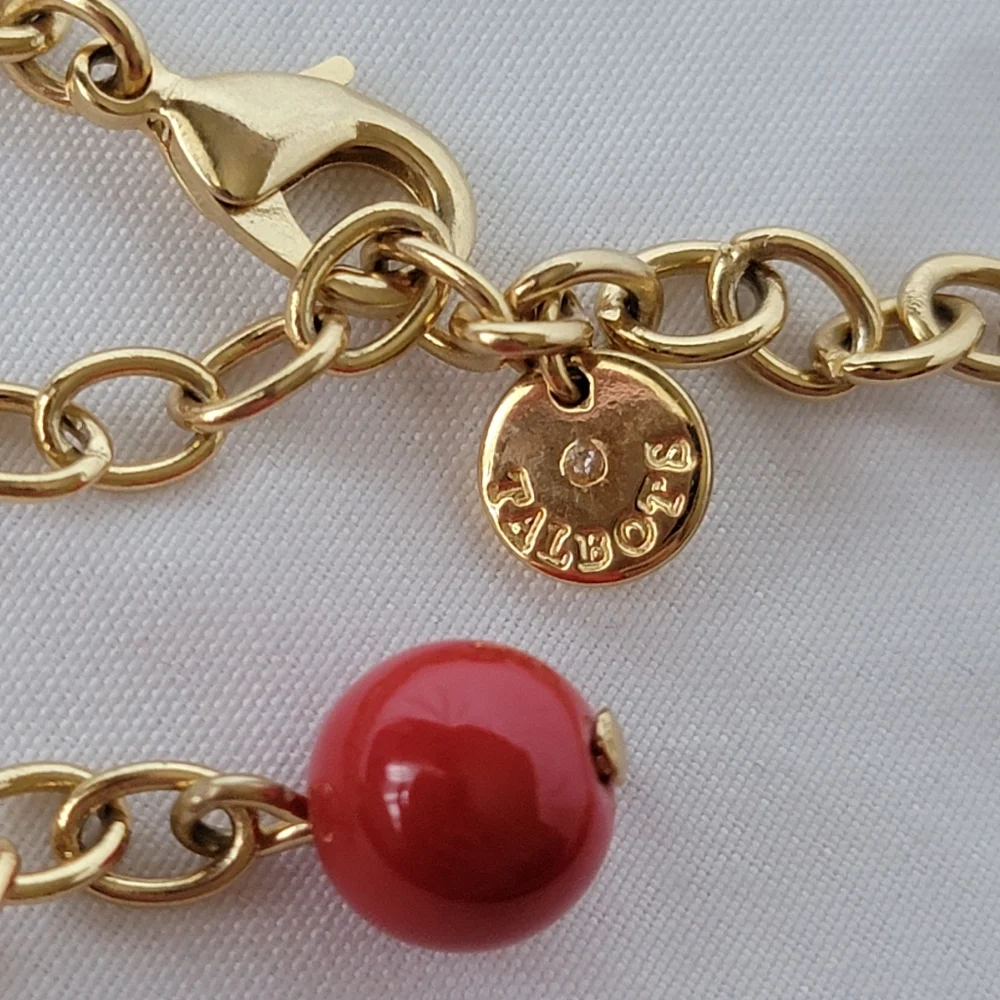 Talbots Signed Red and Gold Three Strand Beaded Necklace